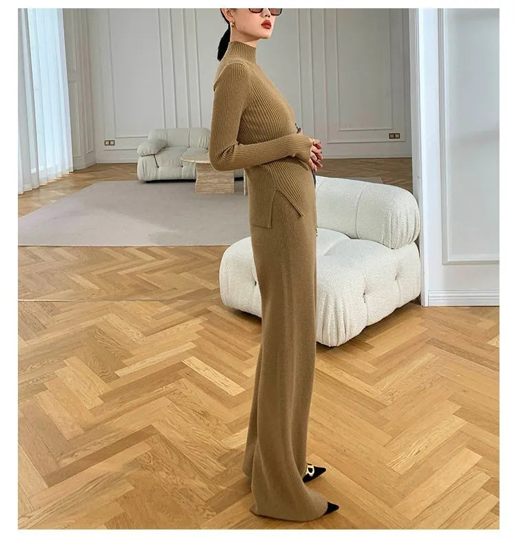Women's knitted three-piece suit set showing top, wide-leg pants, and sweater cardigan in solid colour with leather stitching
