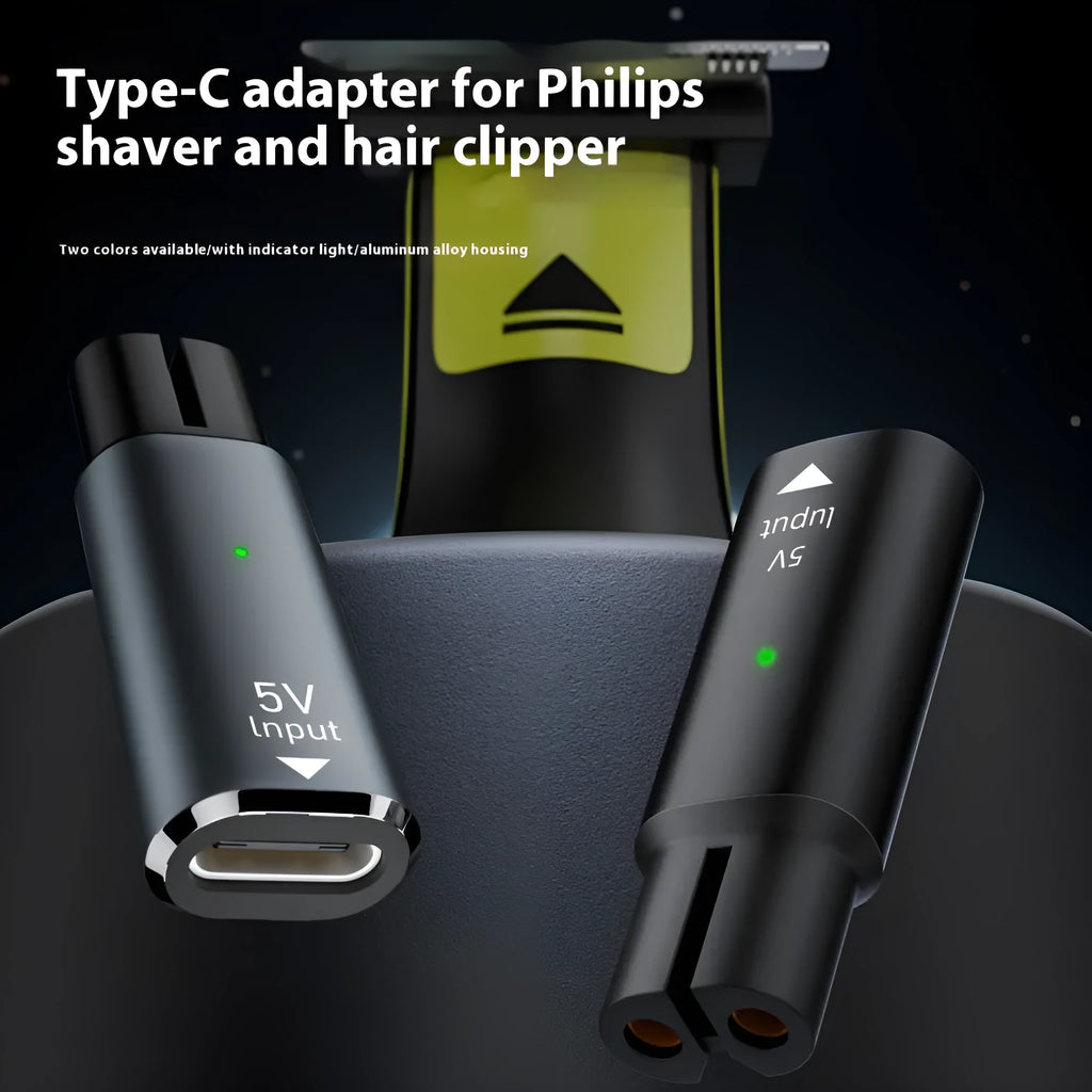Black USB-C charging adapter for electric shavers with 8W power and 4.3V output