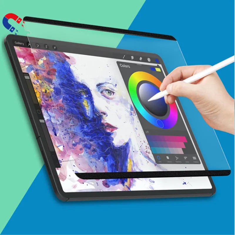 Magnetic detachable iPad drawing film with scraper tool on colour box packaging.