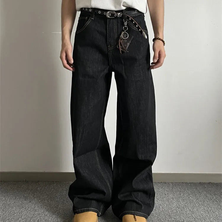 Black retro straight-leg wide-leg jeans with zip fly on mid-waist