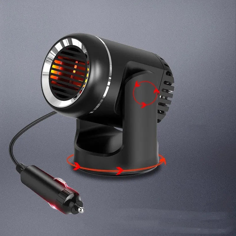 Black and white 12V car heater with defrost function measuring 14x12x8cm