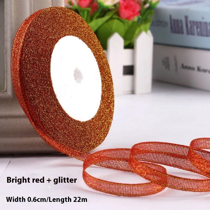 Roll of narrow 0.6cm wide polyester decorative ribbon in multiple colour options including metallic finishes