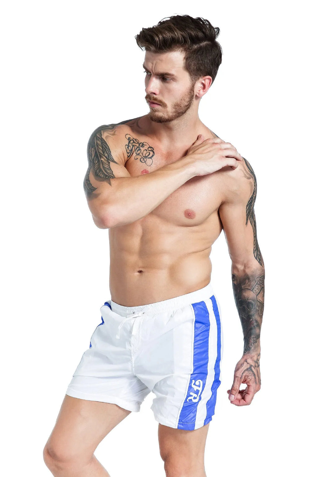 Men's blue lace-up sports shorts with built-in padding for running and table tennis activities
