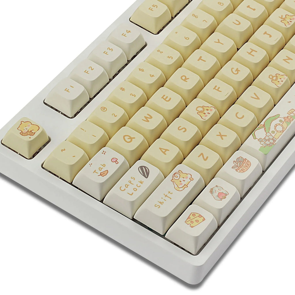 Custard colour mechanical keyboard keycaps with mouse artwork for 68-100% keyboard layouts