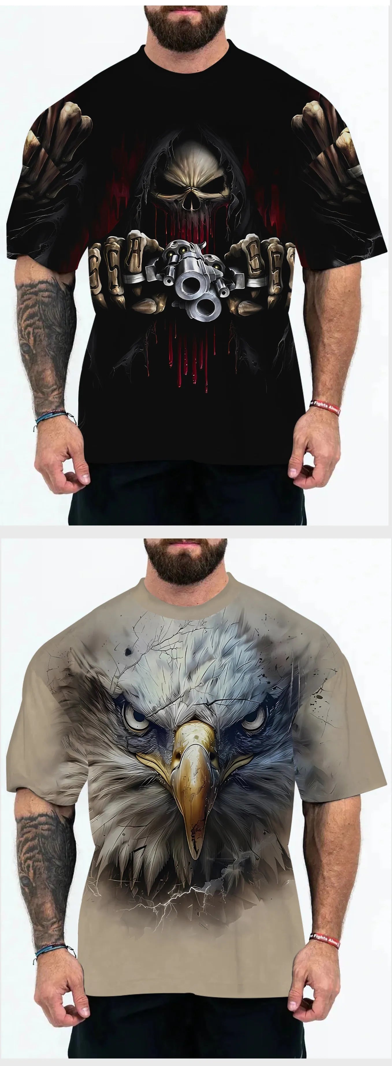 Men's loose-fitting t-shirt with coloured letters or eagle head graphic designs