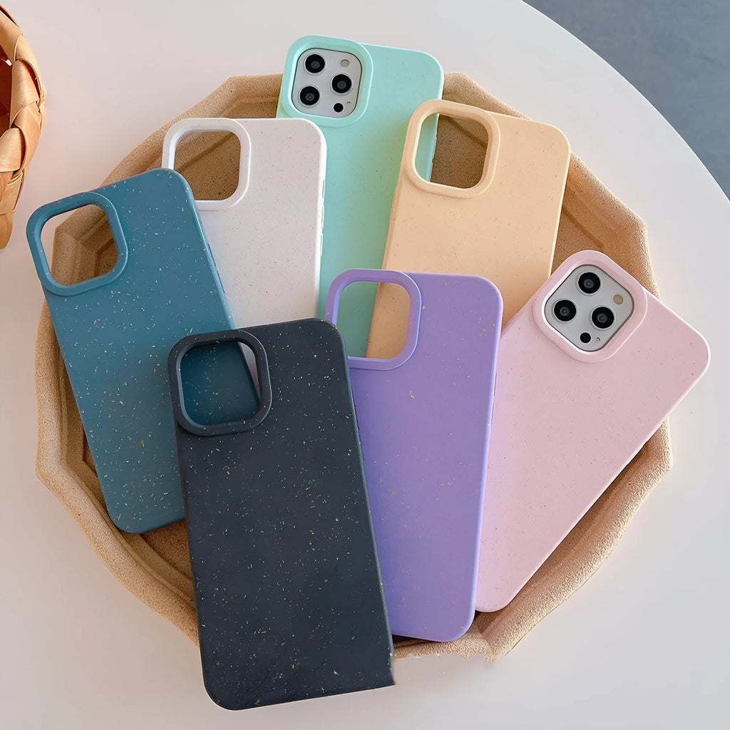 Fully degradable wheat straw composite phone case for Apple iPhone 14 Pro Max in multiple colours.