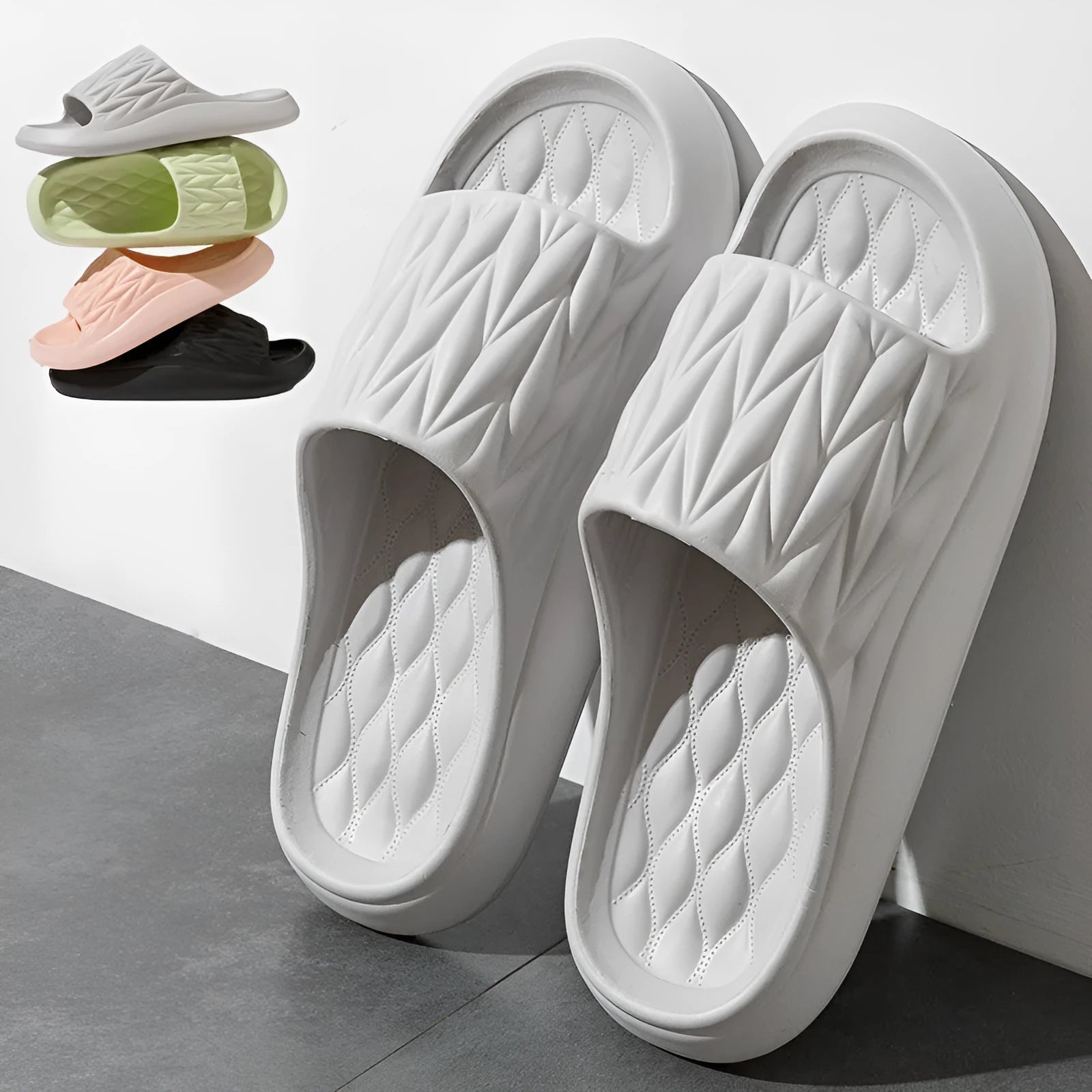 Leaf texture design EVA slippers in various colours showing non-slip sole detail