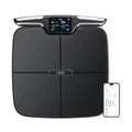 Black eight-electrode body fat scale measuring 45x45x8cm with intelligent electronic system