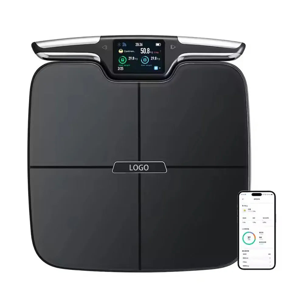 Black eight-electrode body fat scale measuring 45x45x8cm with intelligent electronic system