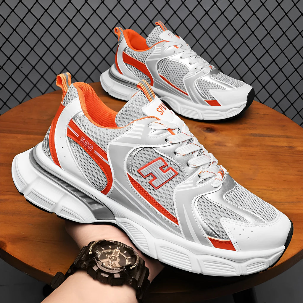 Men's white orange mesh running shoes with round toe and injection moulded sole