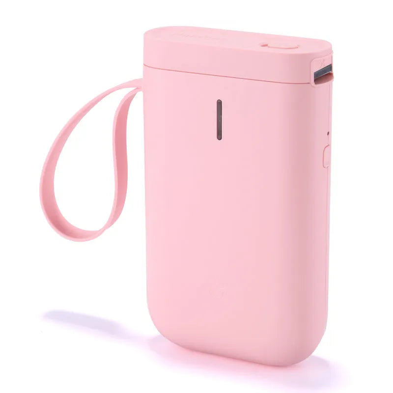 Compact D11 Bluetooth thermal label printer in black, white, pink, or green with smartphone showing label design app.