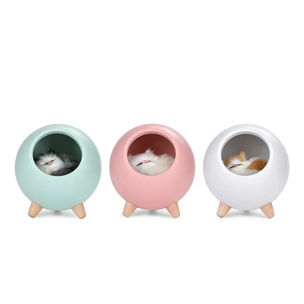 Creative cute cat house atmosphere table lamp in pink ABS shade, compact 130mm size, with USB cable