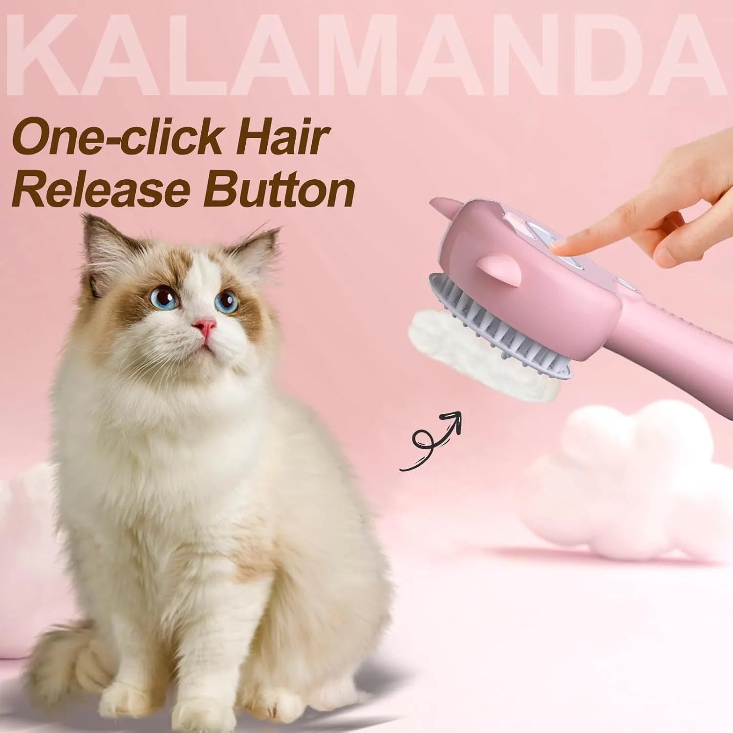 Blue cat steam brush with ergonomic handle, soft rubber teeth, and release button for pet grooming