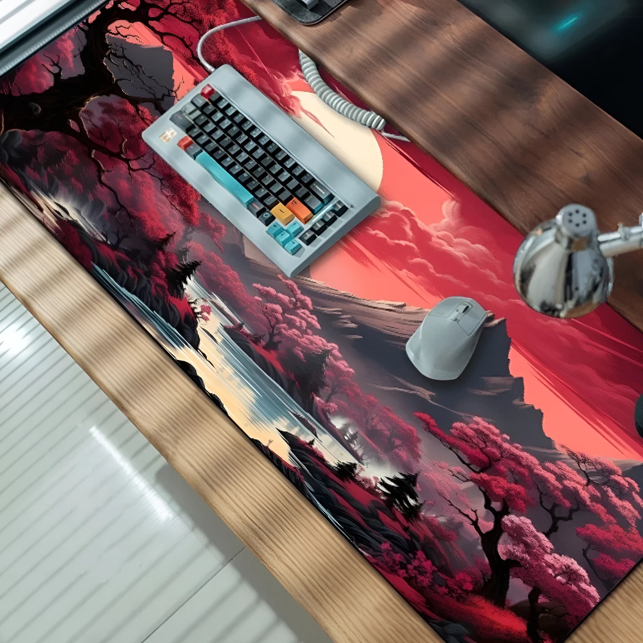 Large custom anime print gaming mouse pad on a desk with keyboard and mouse.