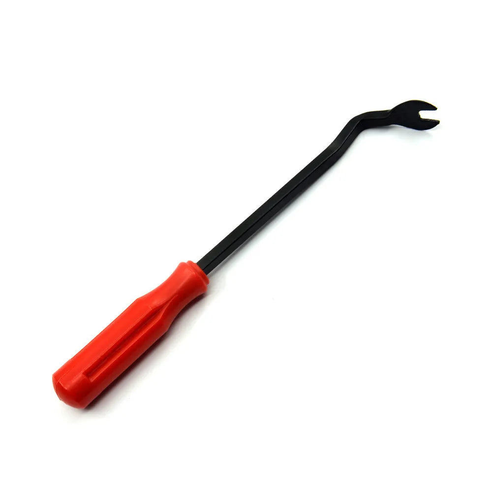 Red-handled steel automotive trim removal pliers for General Motors door panels.