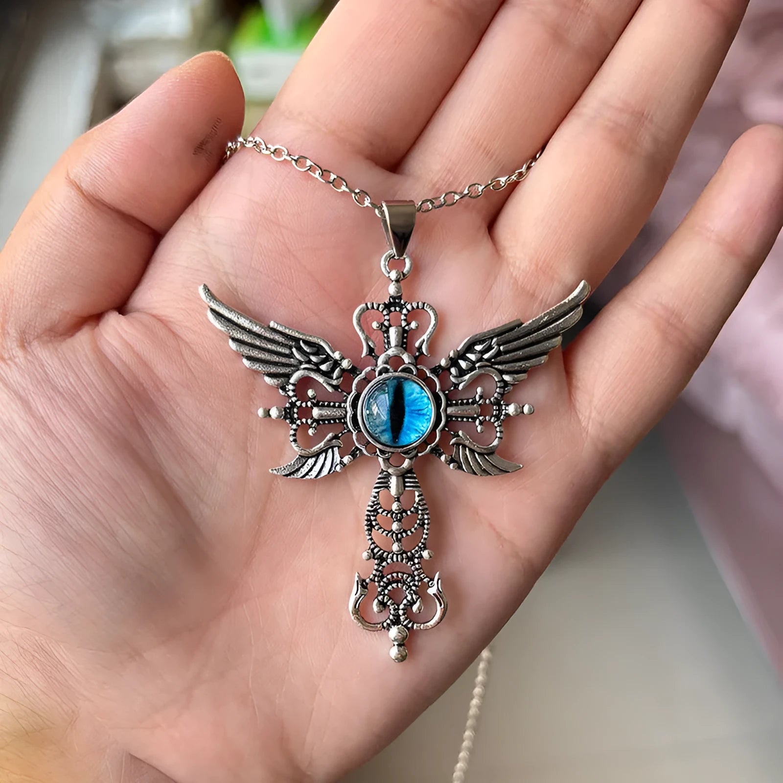 Creative devil wings cross necklace with geometric pendant in alloy metal showing colour options
