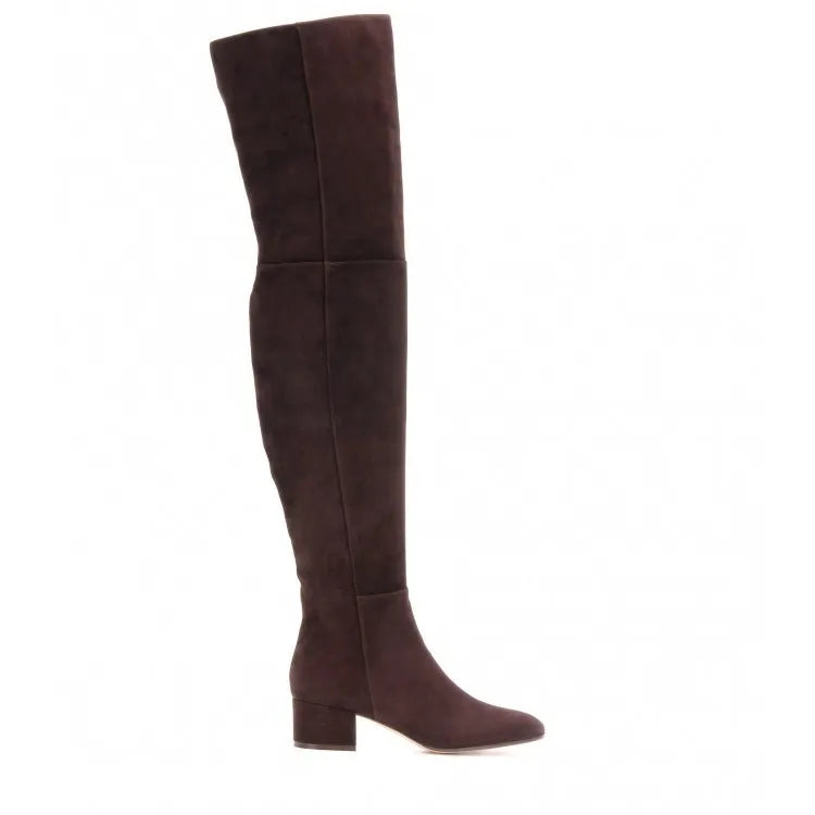 Grey women's flat over the knee suede boots with a pointed toe and low thick heel.