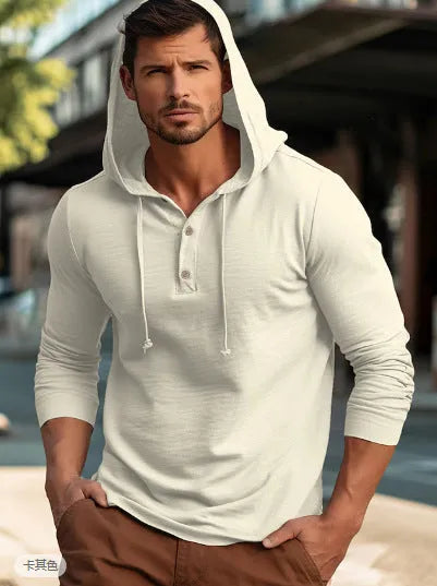 Cotton pullover sports hoodie in apricot colour on a hanger.