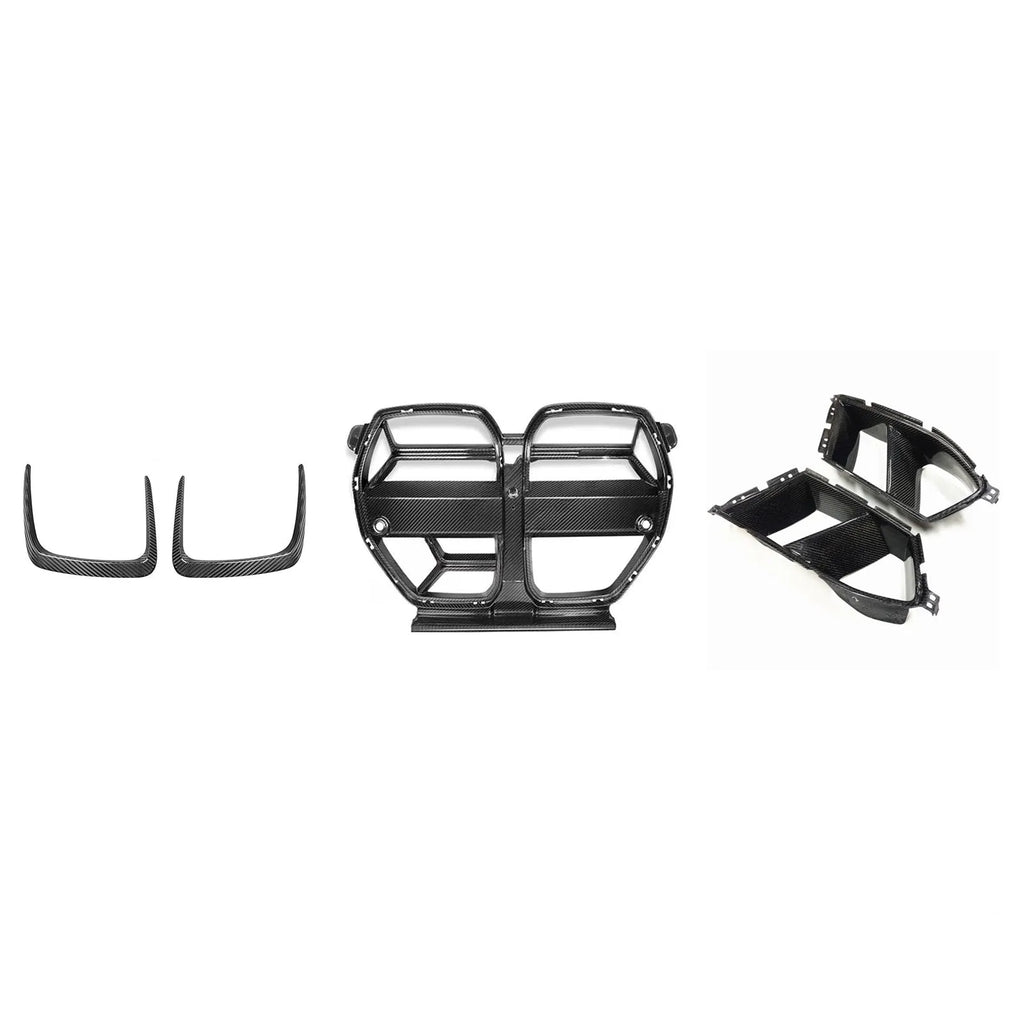 Dry carbon fibre front bumper grille for BMW M3 M4 G80 G82 models in black with 3K weave.