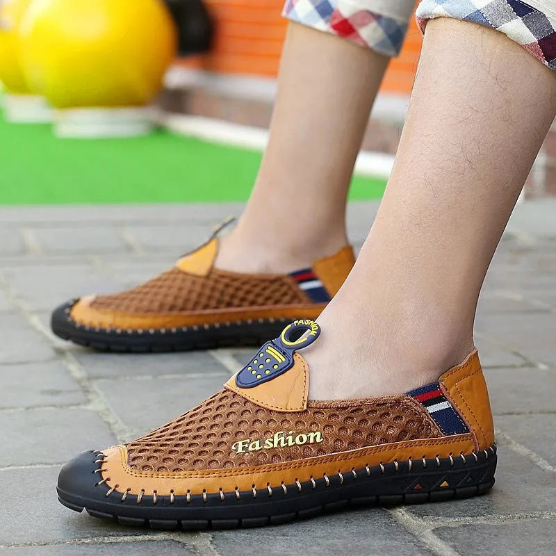 Men's brown casual breathable mesh shoes with round toe and rubber sole