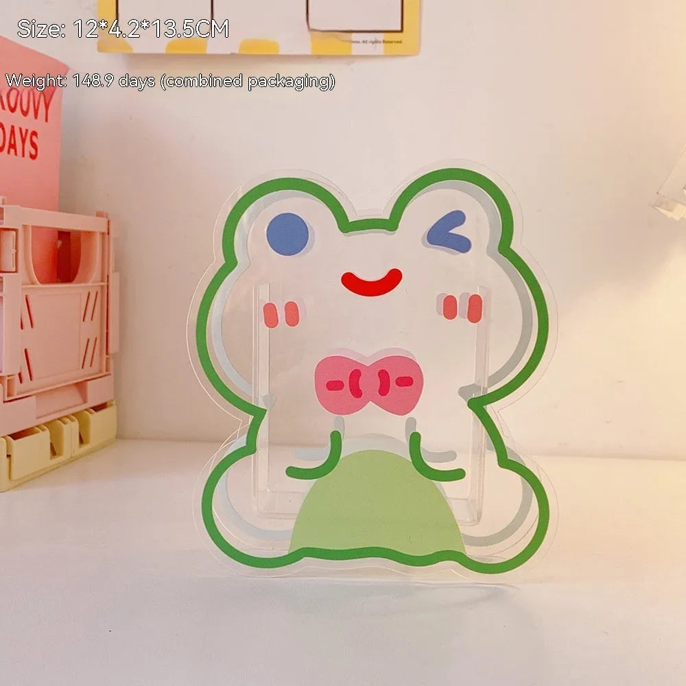 Clear square acrylic stationery storage box with lid in cute character design on desktop
