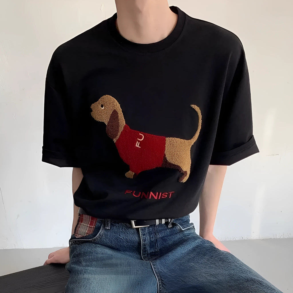 Grey men's cotton T-shirt with embroidered sausage dog and towel design on front.