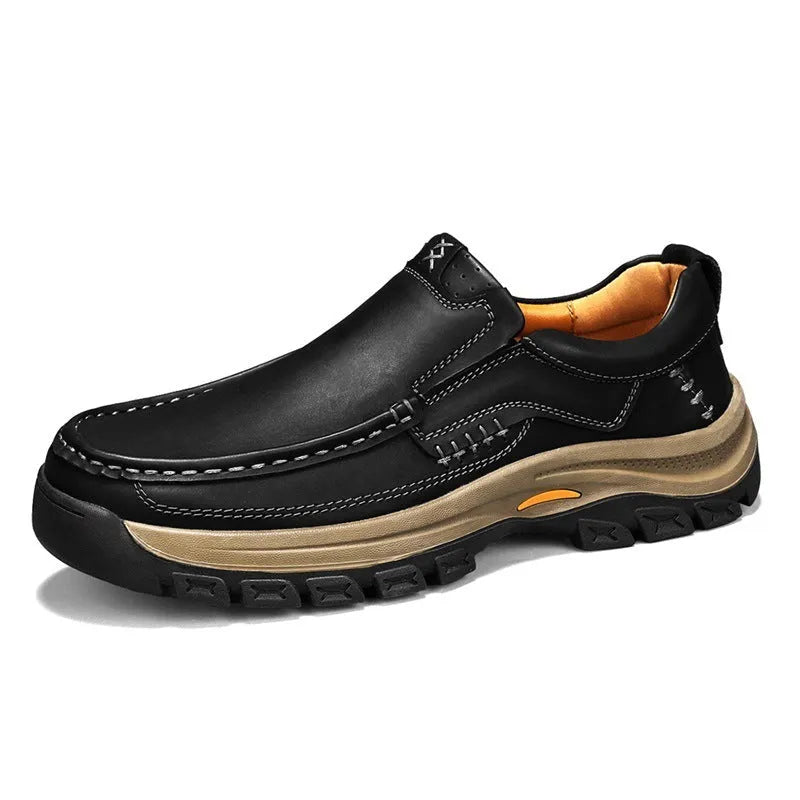 Men's black outdoor leather shoes with thick rubber soles and round toe for mountaineering
