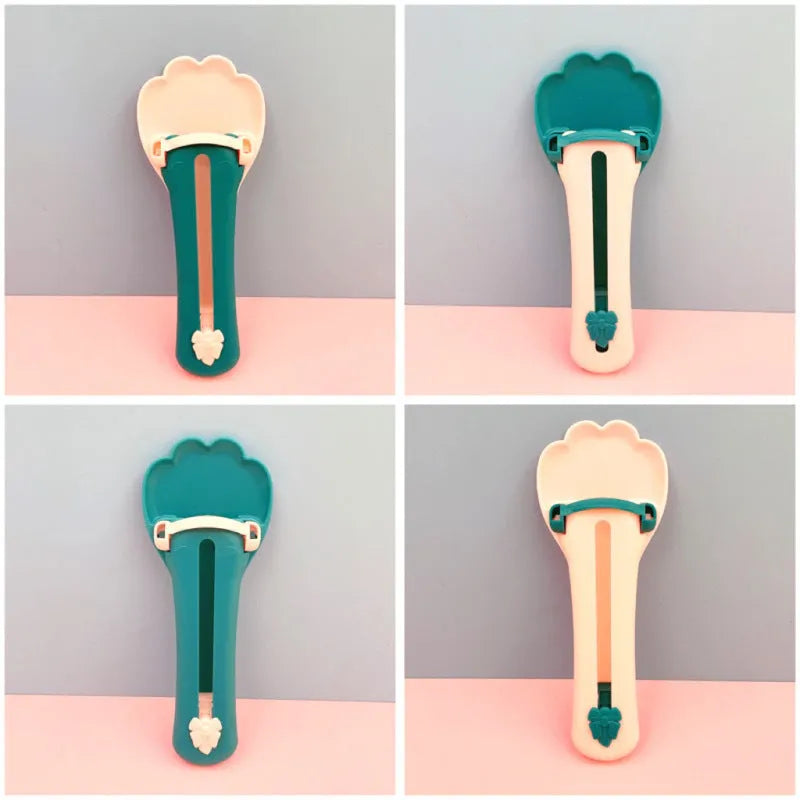 Green and pink pet food squeezer scoop for dispensing liquid food and treats