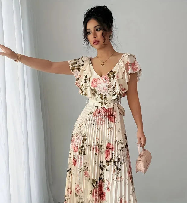 Women's apricot floral print V-neck dress with oversized swing skirt and ruffle sleeves