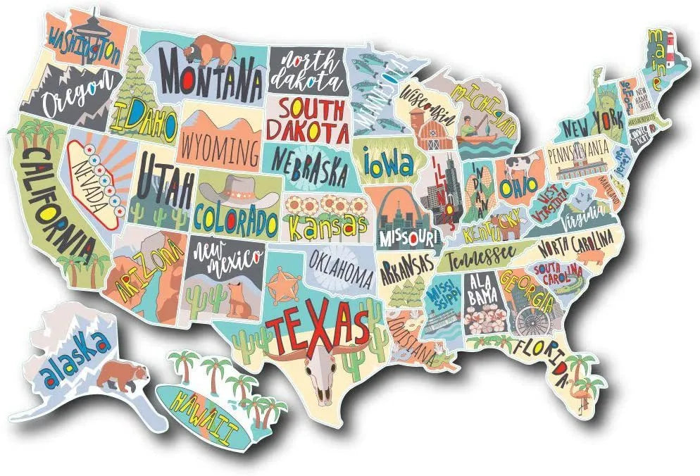 Travel-themed car sticker set showing map artwork and lettering with white application background