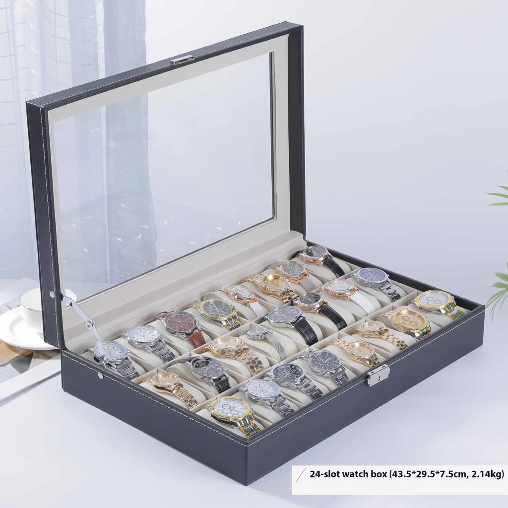 Grey high-grade leather watch storage box with a clear see-through lid showing internal compartments.