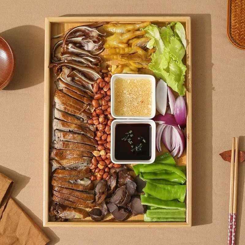 Square bamboo barbecue tray with brown handles in medium and small sizes