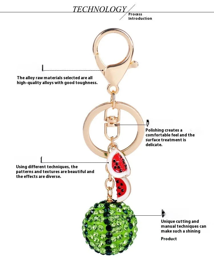 Green watermelon shaped metal keychain 12cm length with keyring attachment