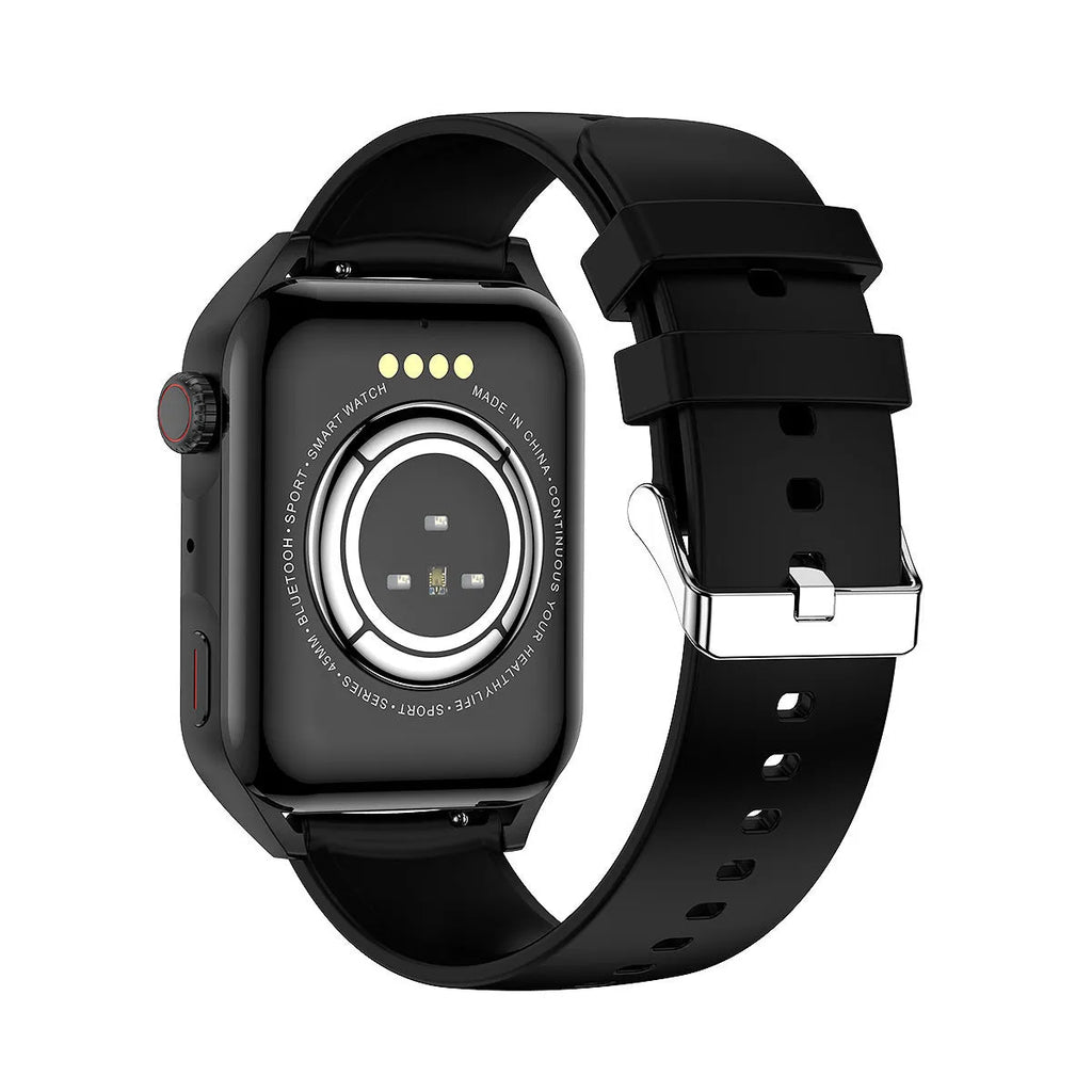 Smart watch with AMOLED screen showing multiple watch faces, NFC symbol visible, magnetic charger attached