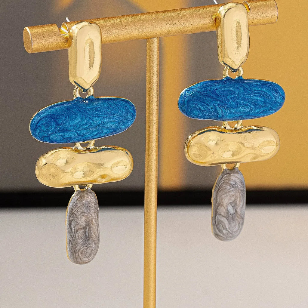 Geometry shape stud earrings with electroplated multicolour finish on zinc alloy