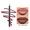 Matte finish lip liner pencil in wood casing showing 14 colour options numbered 201-214