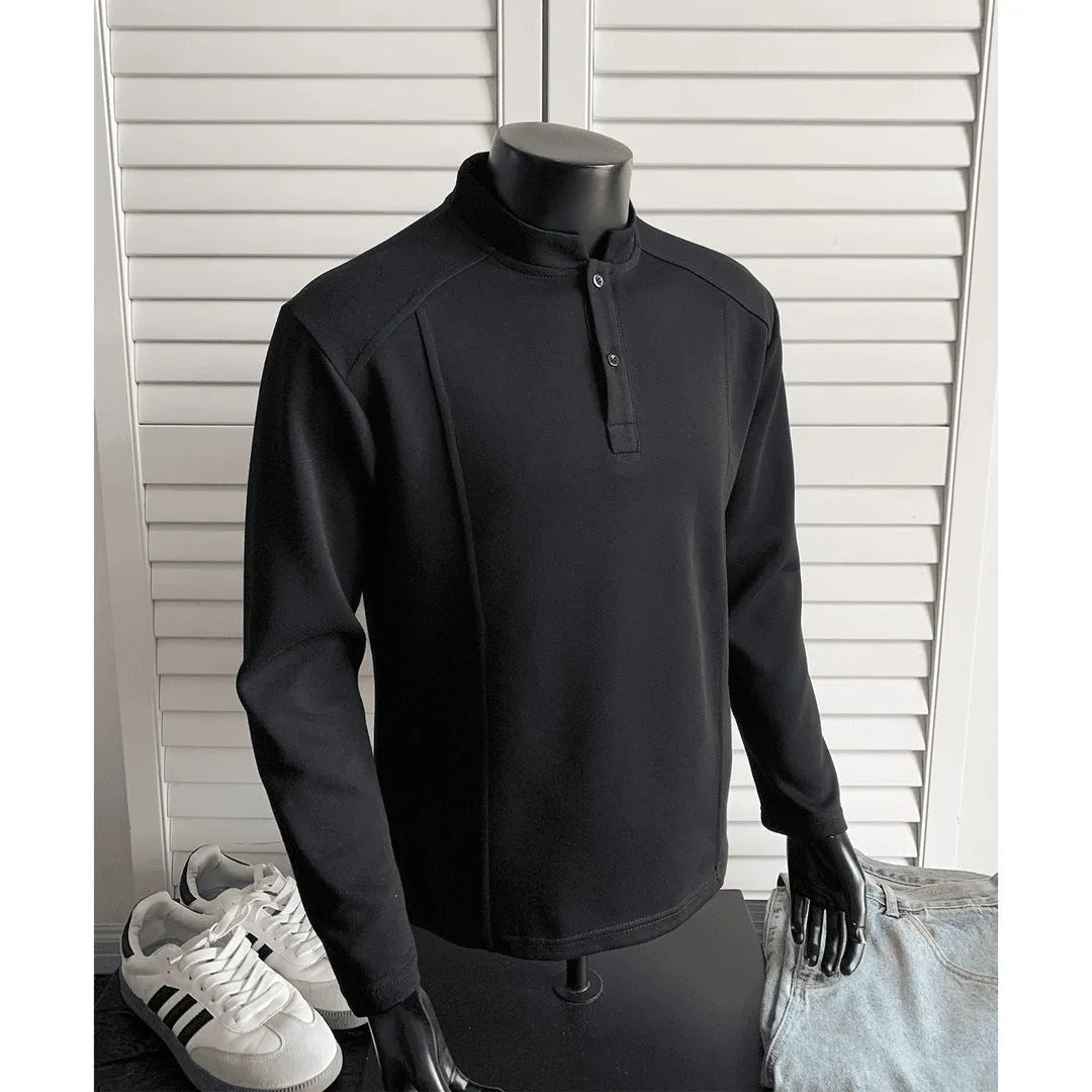 Men's loose-fit patchwork collar polo shirt with asymmetric shoulder design in Chinese cotton