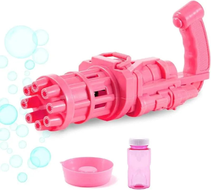 Children's bubble machine gun toy in pink, gold, or black colours with battery compartment and bubble solution.