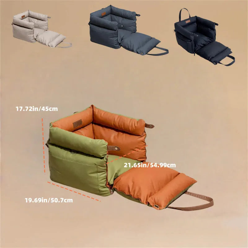 Green waterproof PU leather pet car nest bed for dogs on a car seat.