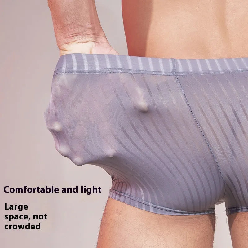 Men's striped underwear in black, white, and dark grey colours showing thin transparent nylon fabric
