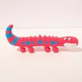 Green cartoon lizard-shaped latex dog chew toy with squeaker on a white background.