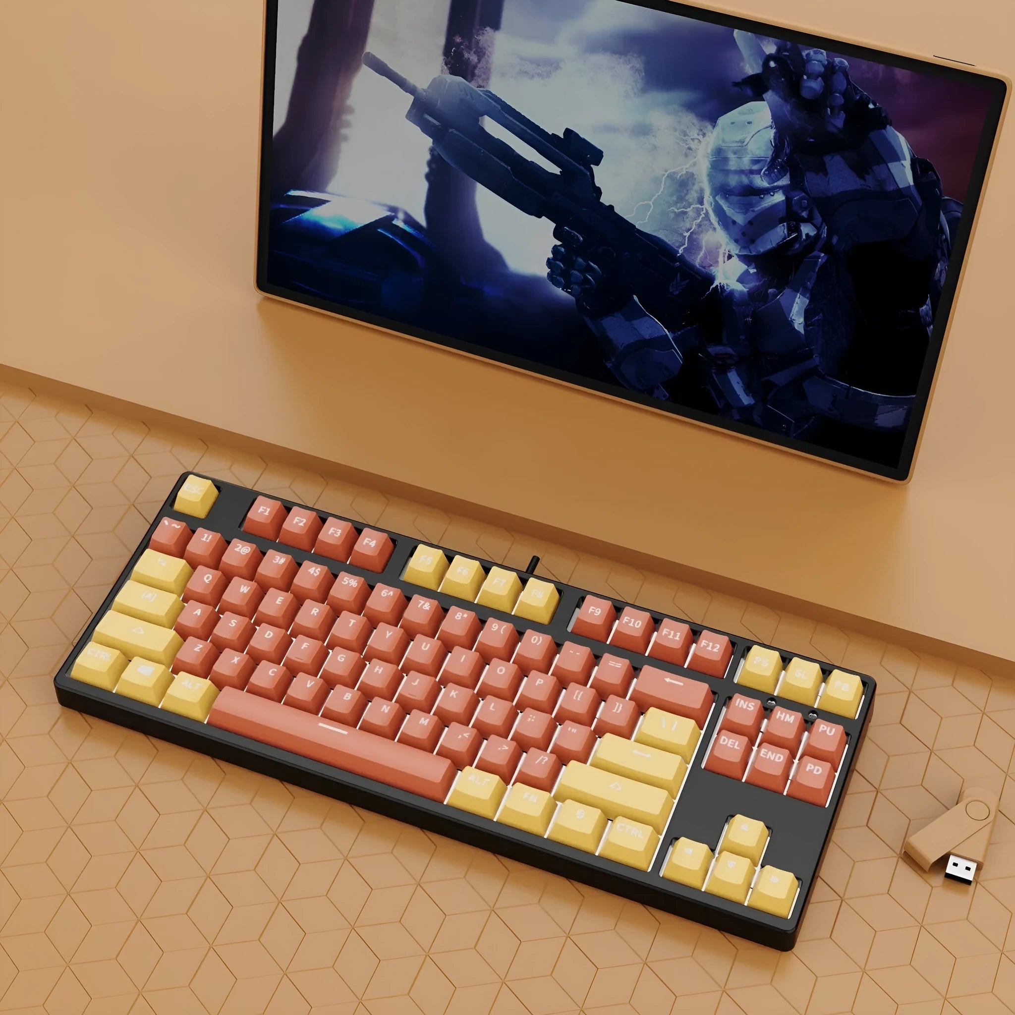 87-key tenkeyless mechanical keyboard in a dual-colour keycap design with metal frame