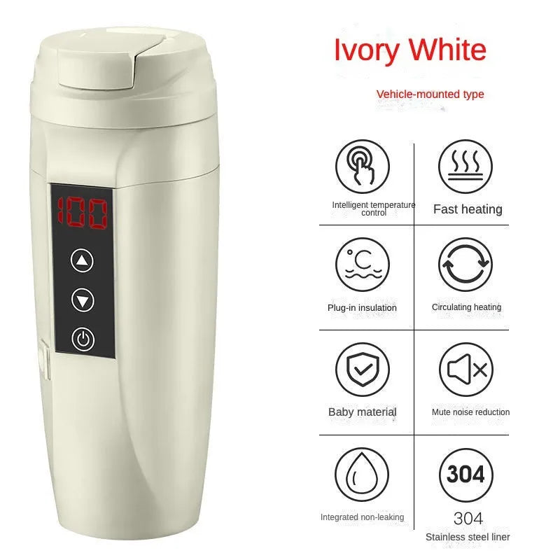 Insulated electric cup water heater for automobiles, 304 stainless steel inner, black, 210x72mm, with converter box
