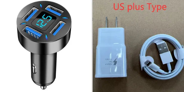 Four-port USB car charger with LED digital display showing compact black design