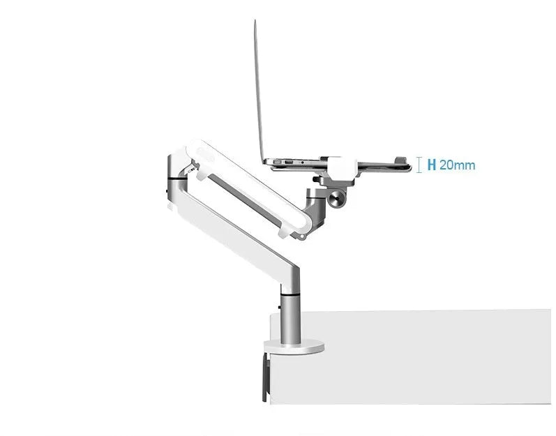 Silver aluminium laptop stand with hover design and air pressure arm bracket elevating a notebook