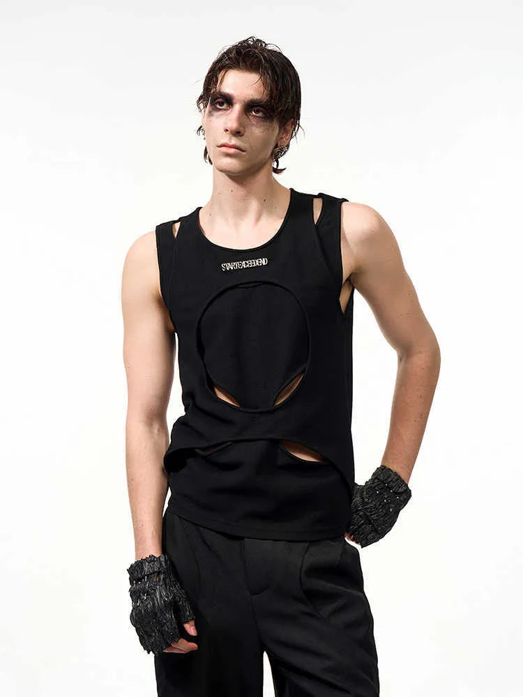 Men's hollow thread sleeveless waistcoat vest in black and white colours
