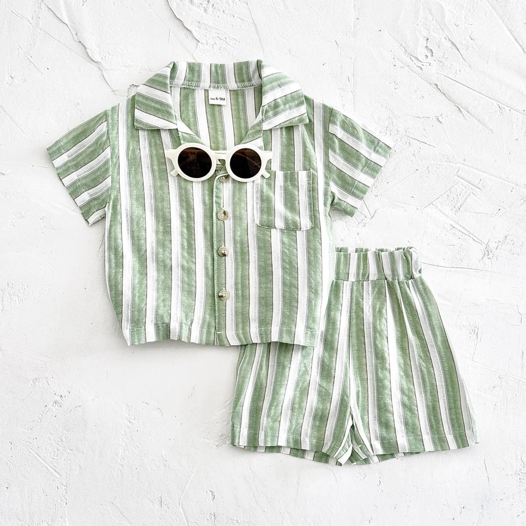 Children's striped cool breathable short-sleeved sports shorts set in olive colour for summer