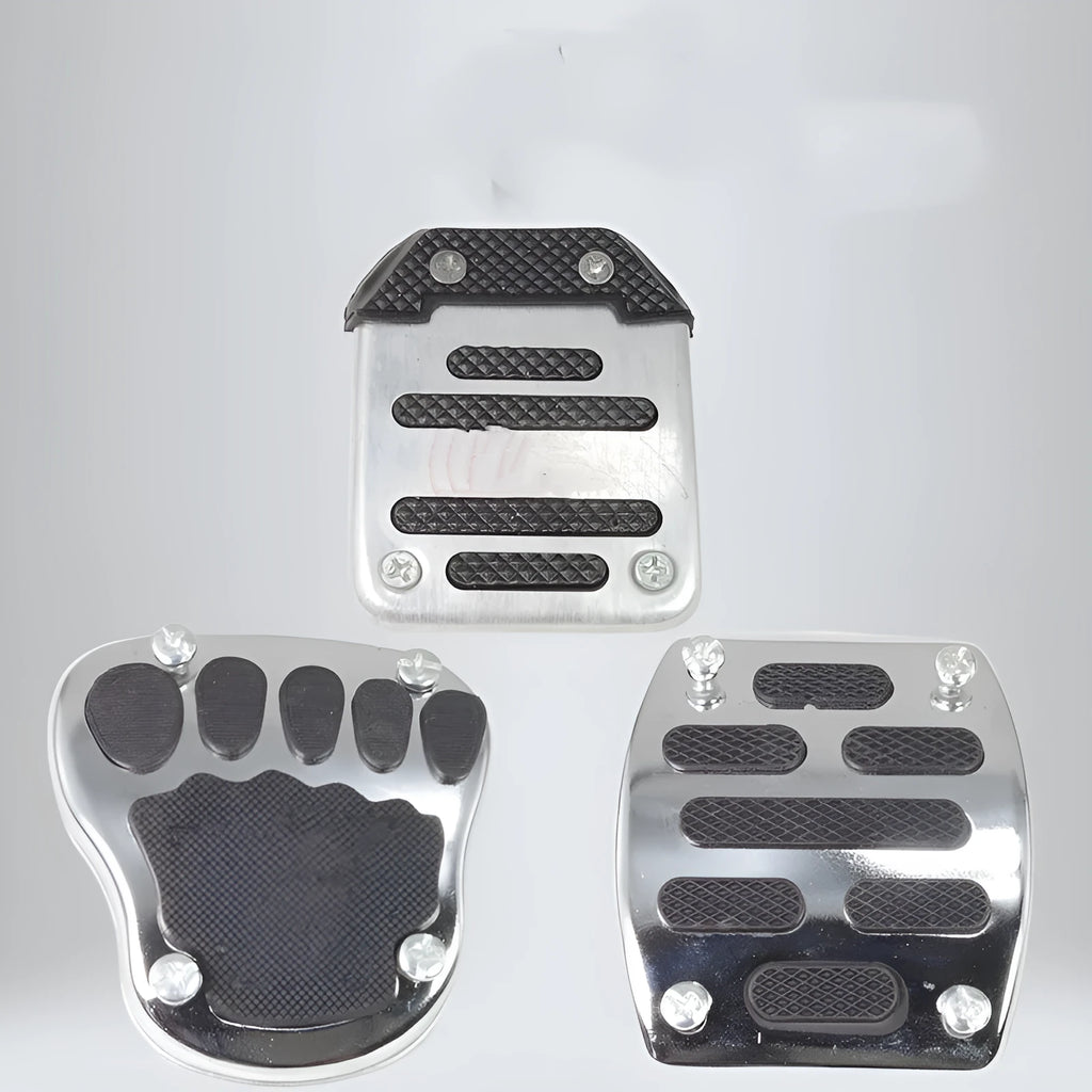 Metal motorcycle brake pedal skid plate kit showing three pedal designs: foot pedal, square foot pedal, and small brake plate