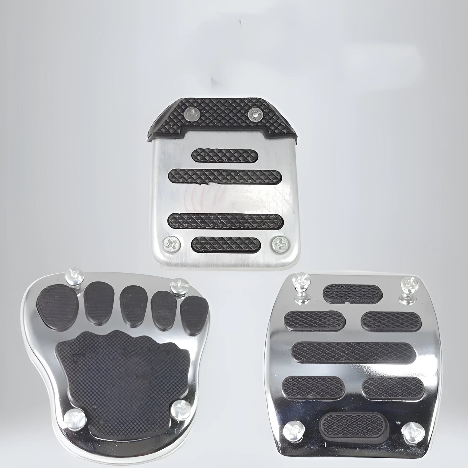 Metal motorcycle brake pedal skid plate kit showing three pedal designs: foot pedal, square foot pedal, and small brake plate