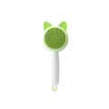 Self-cleaning pet grooming brush with stainless steel teeth and TPR massage nodes in greenish white colour.